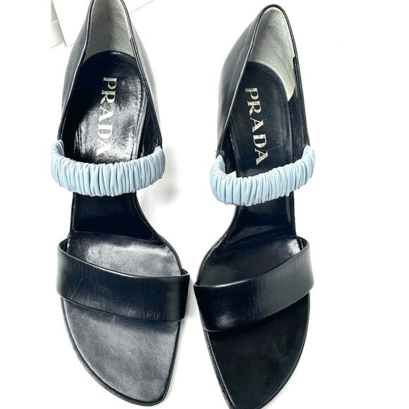 Vintage Prada Black Leather Heels with Blue Ruched Elastic Strap Size 36.5 - Picture 9 of 10
